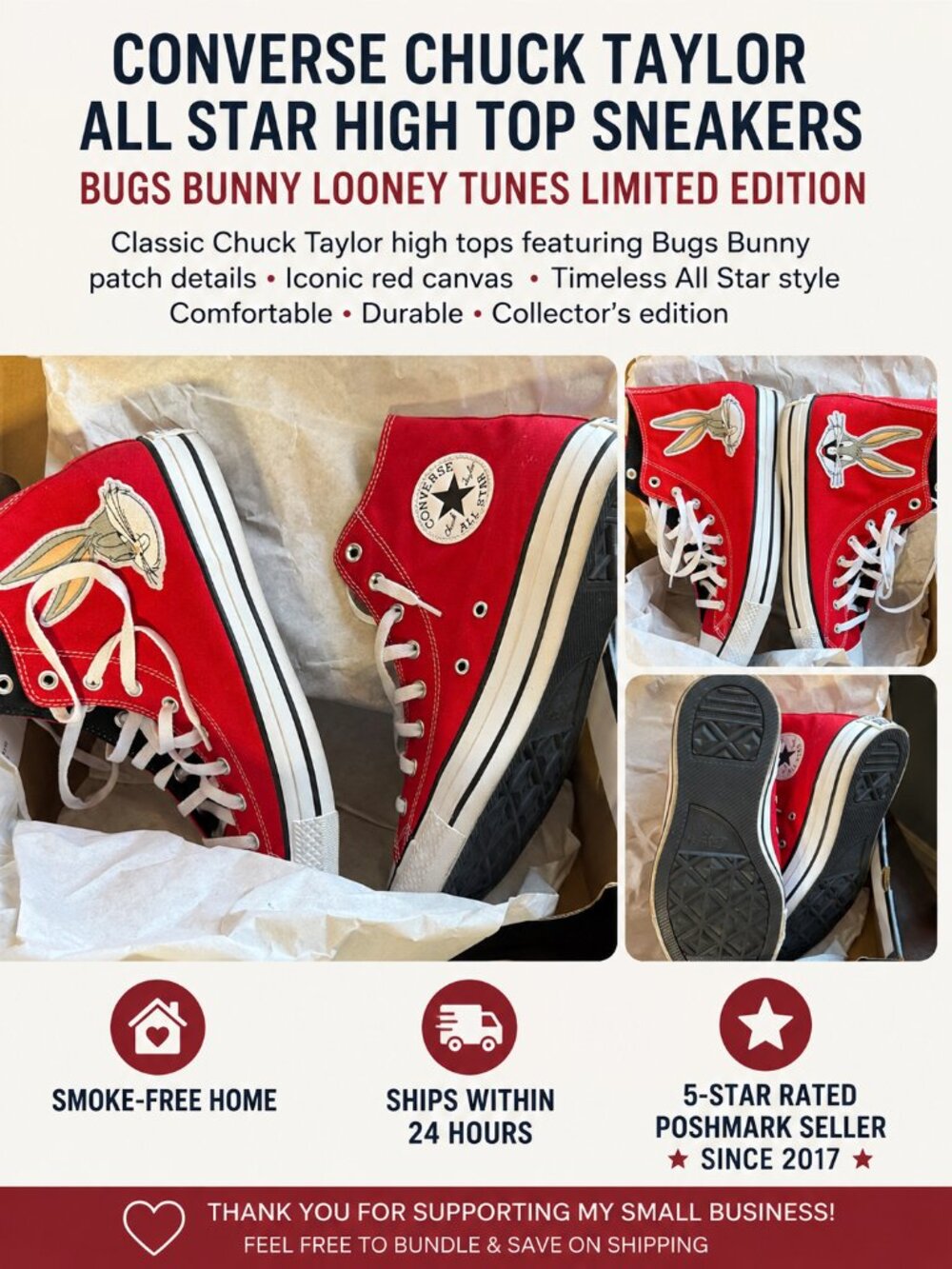 Converse Bugs Bunny Looney Tunes Red High Tops Mens 11.5 Womens 13.5 NWT Box